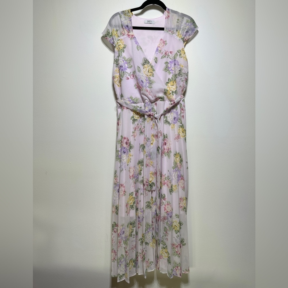 Suzy Shier Floral Maxi Dress Chiffon Pleated Pink Wedding Guest Size L Feminine